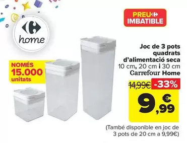 Oferta de Carrefour Home - Set De 3 Botes Cuadrados De Alimentación Seca 10 Cm 20 Cm Y 30 Cm   por 9,99€ en Carrefour