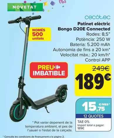 Oferta de Cecotec - Patinete Eléctrico  Bongo D20e Connected por 189€ en Carrefour