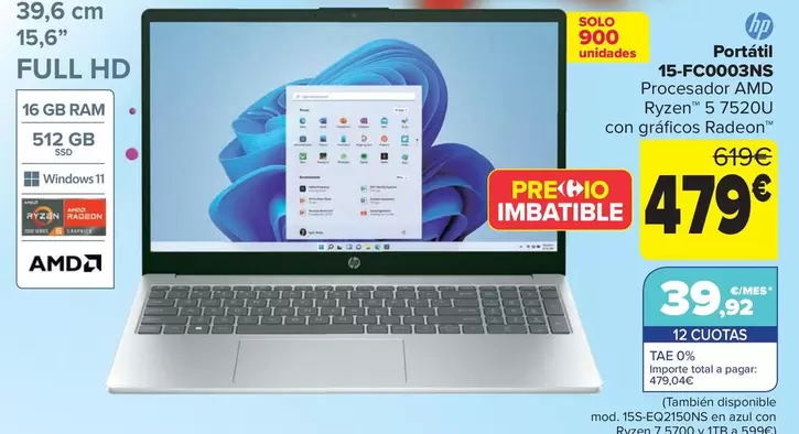 Oferta de HP - Portátil 15-fc0003ns por 479€ en Carrefour