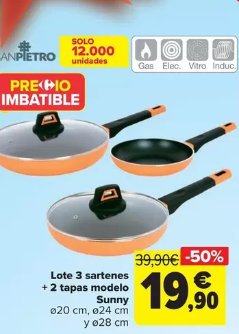 Oferta de San Pietro - Lote 3 Sartenes  + 2 Tapas Modelo Sunny por 19,9€ en Carrefour