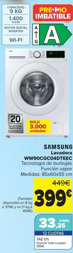 Oferta de Samsung - Lavadora  WW90CGC04DTEEC por 399€ en Carrefour
