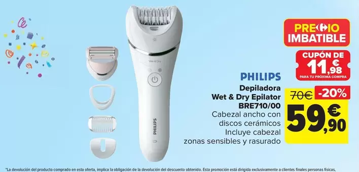Oferta de Philips - Depiladora  Wet & Dry Epilator Bre71000 por 59,9€ en Carrefour