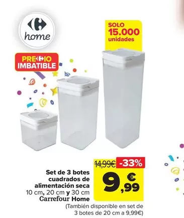 Oferta de Carrefour Home - Set De 3 Botes Cuadrados De Alimentación Seca 10 Cm 20 Cm Y 30 Cm   por 9,99€ en Carrefour