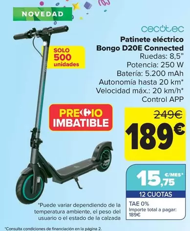 Oferta de Cecotec - Patinete Eléctrico  Bongo D20e Connected por 189€ en Carrefour