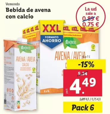 Oferta de Vemondo - Bebida De Avena Con Calcio por 4,49€ en Lidl