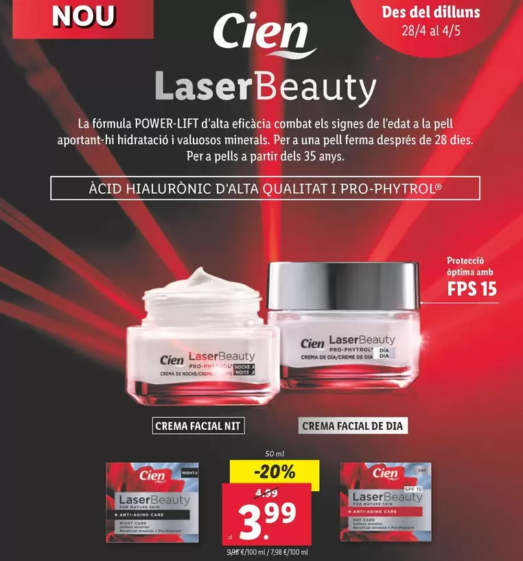 Oferta de Cien - Crema Facial Nit/ Crema Facial De Dia por 3,99€ en Lidl