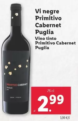 Oferta de Vino Tinto Primitivo Cabernet Puglia por 2,99€ en Lidl