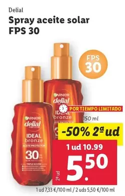 Oferta de Garnier - Delial/ Spray Aceite Solar FPS 30 por 10,99€ en Lidl