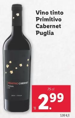 Oferta de Vino Tinto Primitivo Cabernet Puglia por 2,99€ en Lidl