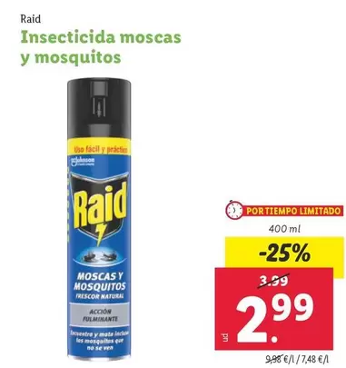 Oferta de Raid - Inseticida Moscas Y Mosquitos por 2,99€ en Lidl