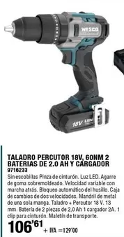 Oferta de Wesco - Taladro Percutor 18V por 106,61€ en Cofac