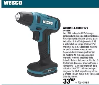 Oferta de Wesco - Atornillador 12v por 33,02€ en ferrOkey