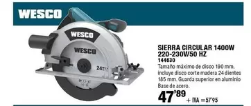 Oferta de Wesco - Sierra Circular 1400w 220-230V/50 HZ por 47,89€ en ferrOkey