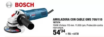 Oferta de Bosch - Amoladora Con Cable Gws 700/115 por 54,34€ en ferrOkey