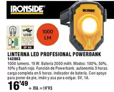 Oferta de Ironside - Linterna Led Profesional Powerbank por 16,49€ en ferrOkey