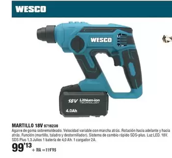 Oferta de Wesco - Martillo 18V 9716236 por 99,13€ en YMÁS