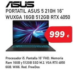 Oferta de Asus - Portatil 5 210H 16" Wuxga 16Gb 512Gb Rtx 4050 por 999€ en Microsshop