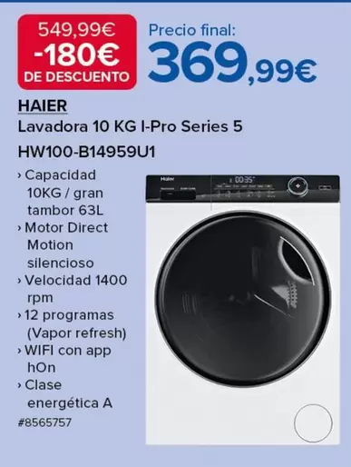 Oferta de Haier - Lavadora 10 Kg Serie 5 HW100-B14959Uu por 369,99€ en Costco