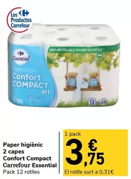Oferta de Carrefour - Paper Higienic 2 Capes Confort Compact Essential por 3,75€ en Carrefour Express