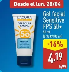 Oferta de Lacura Sun - Gel Facial Sensitive FPS 50+  por 4,19€ en ALDI