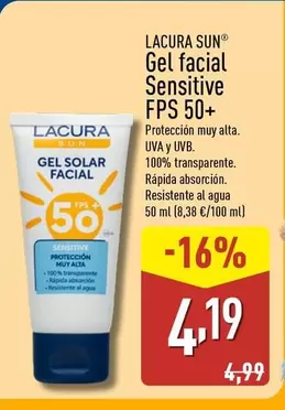 Oferta de Lacura Sun - Gel Facial Sensitive FPS 50+ por 4,19€ en ALDI
