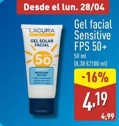 Oferta de Lacura Sun - Gel Facial Sensitive FPS 50+ por 4,19€ en ALDI