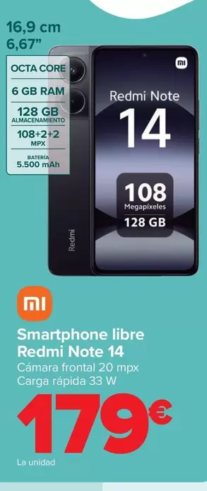 Oferta de Xiaomi - Smartphone Libre Redmi Note 14 por 179€ en Carrefour