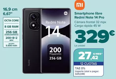 Oferta de Xiaomi - Smartphone Libre Redmi Note 14 Pro por 329€ en Carrefour