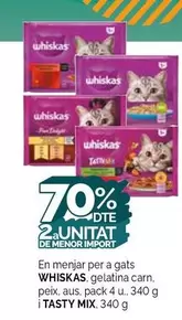 Oferta de Whiskas - En Menjar Per A Gats Gelatina Carn, Peix, Aux, Pack 4 U., 340 G en Condis