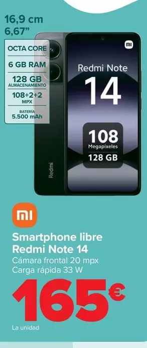 Oferta de Xiaomi - Smartphone Libre Redmi Note 14 por 165€ en Carrefour
