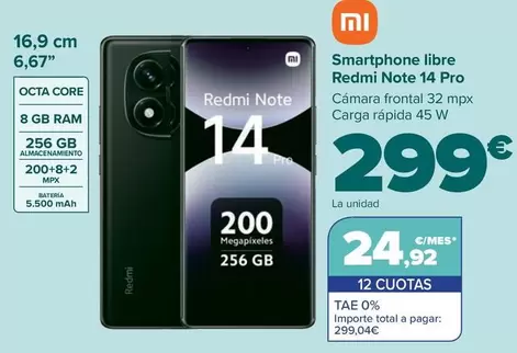 Oferta de Xiaomi - Smartphone Libre Redmi Note 14 Pro por 299€ en Carrefour