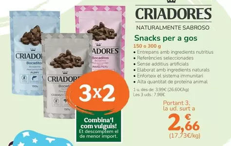Oferta de Criadores - Snacks Per A Gos por 3,99€ en Tiendanimal