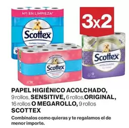 Oferta de Scottex - Papel Higiénico Acolchado, 9 Rollos, Sensitive, 6 Rollos, Original, 16 Rollos O Megarollo en El Corte Inglés