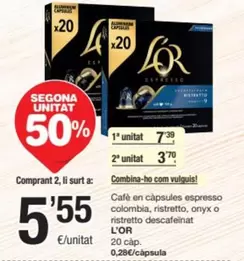 Oferta de L'or - Cafe En Capsules Espresso Colombia, Ristretto, Onyx O Ristretto Descafeinat por 7,39€ en SPAR Fragadis