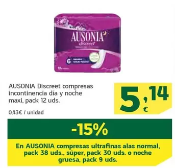 Oferta de Ausonia - Discreet Compresas Incontinencia Dia Y Noche Maxi por 5,14€ en HiperDino