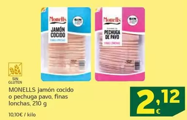 Oferta de Monells - Jamón Cocido O Pechuga Pavo por 2,12€ en HiperDino
