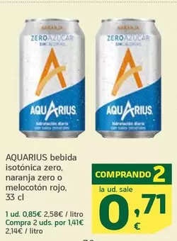 Oferta de Aquarius - Bebida Isotonica Zero/ Naranja Zero O Melocoton Rojo por 0,85€ en HiperDino