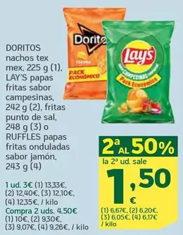 Oferta de Doritos Nachos Tex Mex/ Lay's Papas Fritas Sabor Campesinas por 1,5€ en HiperDino