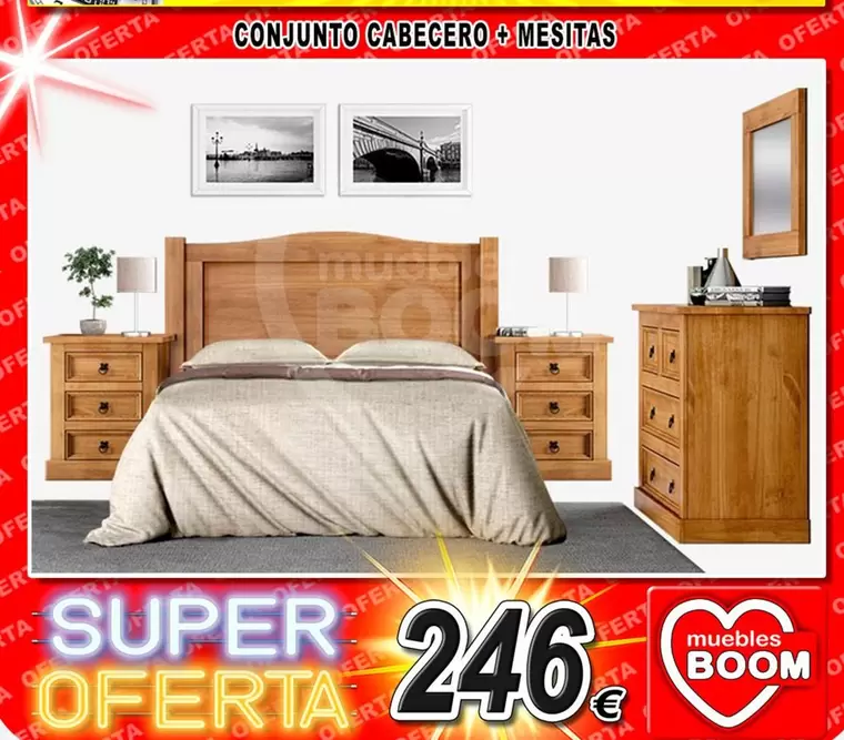 Oferta de Conjunto Cabecero + Mesitas por 246€ en Muebles Boom