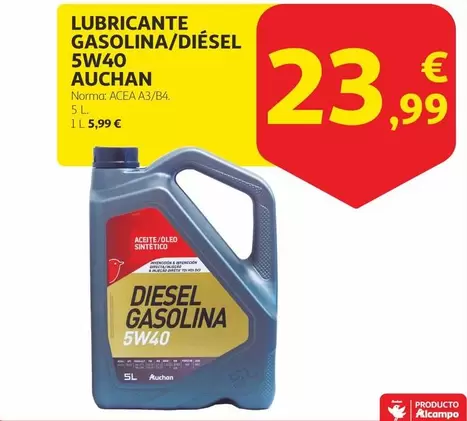 Oferta de Auchan - Lubricante Gasolina/Diesel 5W40 por 23,99€ en Alcampo