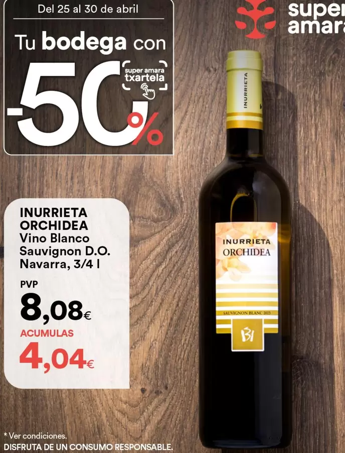 Oferta de Vino Blanco Sauvignon D.O. Navarra por 8,08€ en SUPER AMARA