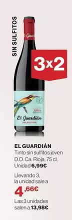 Oferta de El Guardian - Tinto Sin Sulfitos Joven D.o.ca. Rioja por 6,99€ en Supercor