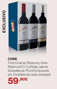 Oferta de Cune - Tinto Crianza, Reserva Y Gran Reserva D.o. Ca Rioja, Caja De 6 Botellas De 75 Cl. Compuessta Por 2 Botellas De Cada por 59,9€ en El Corte Inglés