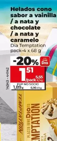 Oferta de Dia Temptation - Helados Cono Sabor A Vainilla/A Nata Y Chocolate/A Nata Y Caramelo por 1,51€ en Dia