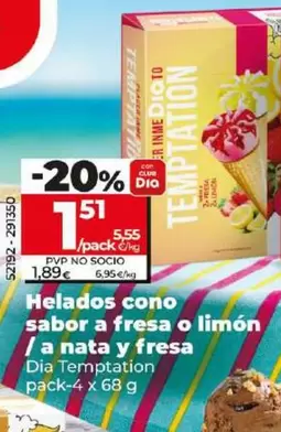 Oferta de Dia Temptation - Helados Cono Sabor A Fresa O Limón por 1,51€ en Dia