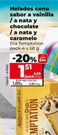 Oferta de Dia Temptation - Helados Cono Sabor A Vainilla/ A Nata Y Caramelo por 1,51€ en Dia