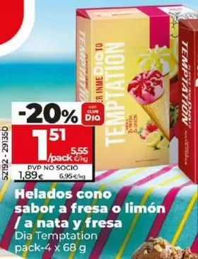 Oferta de Dia Temptation - Helados Cono Sabor A Fresa O Limón / A Nata Y Fresa por 1,51€ en Dia