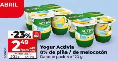 Oferta de Danone - Yogur Activia 0% De Pina / De Melocotón  por 2,49€ en Dia