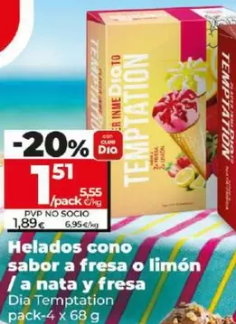 Oferta de Dia Temptation - Helados Cono Sabor A Fresa O Limón  por 1,51€ en Dia