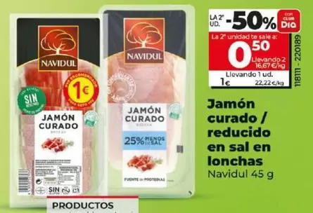 Oferta de Navidul - Jamón Curado / Reducido En Sal En Lonchas  por 1€ en Dia